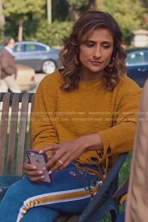 Emet's yellow distressed knit top and floral embroidered jeans on I Feel Bad