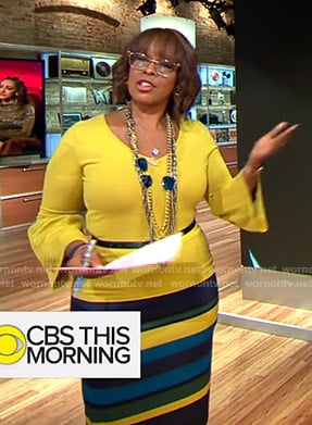 Gayle's yellow bell sleeve top and striped pencil skirt on CBS This Morning
