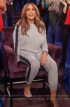Wendy's gray lace trim sweater and jogger pants on The Wendy Williams Show