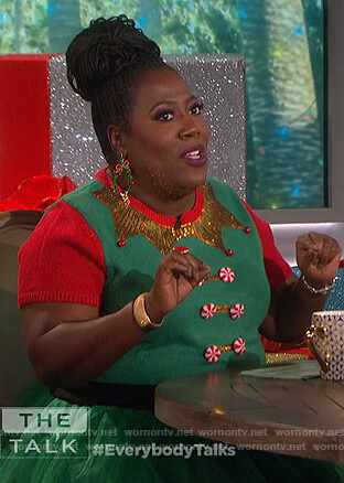 Sheryl's green Christmas elf dress on The Talk