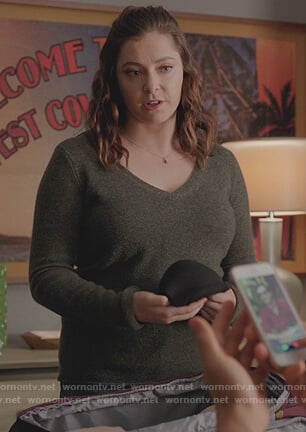 Rebecca's green v-neck sweater on Crazy Ex Girlfriend
