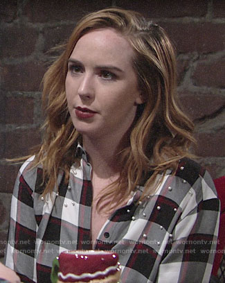 Mariah's pearl embellished plaid top on The Young and the Restless