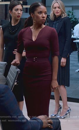 Catherine's maroon belted v-neck dress on Marvel's Runaways