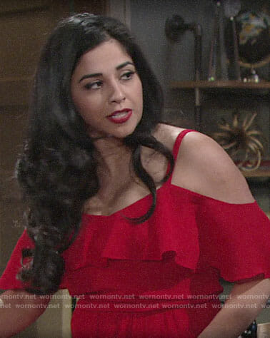 Mia's red ruffled cold-shoulder top on The Young and the Restless