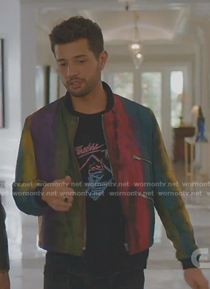 Sam's Paradise Trip tee and rainbow bomber jacket on Dynasty