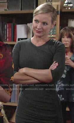 Sharon's ruched dress and rectangle drop earrings on The Young and the Restless