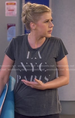 Stephanie's grey LA NYC PARIS tee on Fuller House