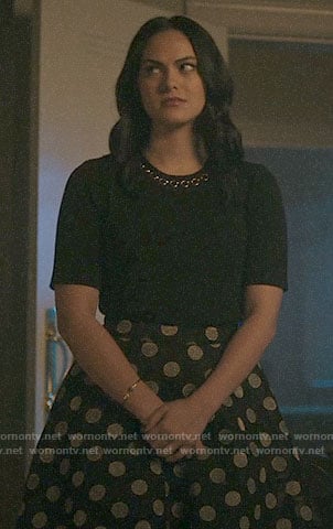 Veronica's ring detail top and polka dot skirt on Riverdale