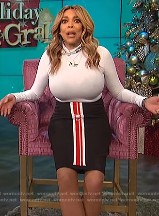 Wendy's white bodysuit and black striped skirt on The Wendy Williams Show