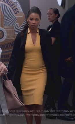 Catherine's yellow v-neck sheath dress on Marvel's Runaways