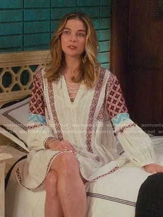 Alexis's white embroidered lace-up dress on Schitt's Creek