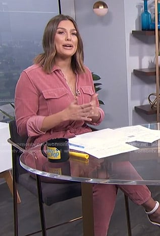 Carissa's pink corduroy jumpsuit on E! News Daily Pop