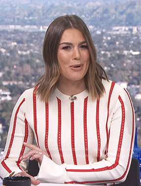 Carissa's white and red striped sweater on E! News Daily Pop
