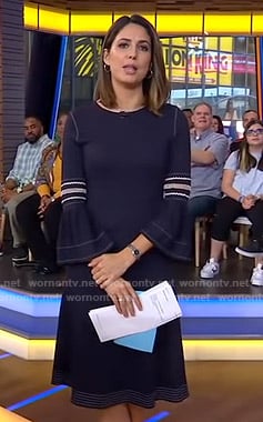 Cecilia's navy bell sleeve dress with white stitching on Good Morning America