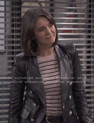 Clem's pink striped sweater and leather jacket on Fam