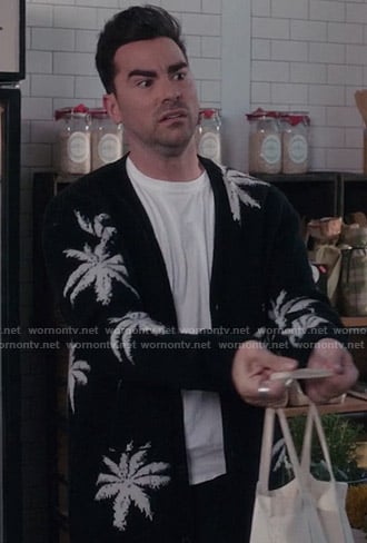 David's black palm print cardigan on Schitt's Creek
