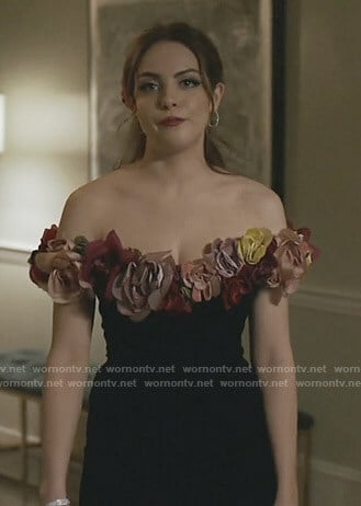 Fallon's black floral applique off-shoulder gown on Dynasty