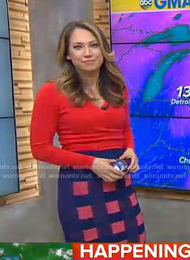 Ginger's red wrap sweater and checked skirt on Good Morning America