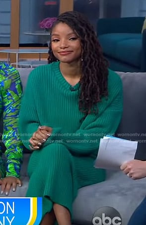 Halle Bailey's green ribbed sweater and skirt on GMA Day