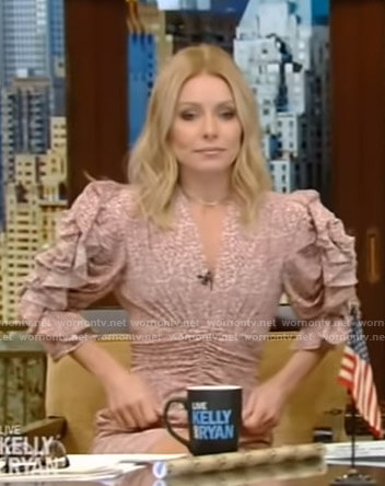 Kelly's pink printed ruffled mini dress on Live with Kelly and Ryan