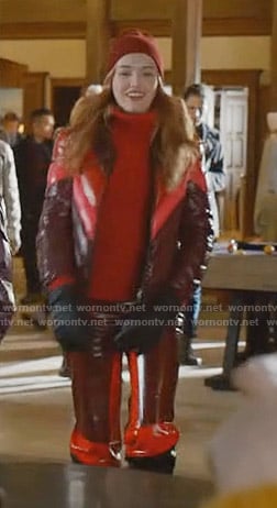 Kirby's burgundy puffer jacket and pants on Dynasty