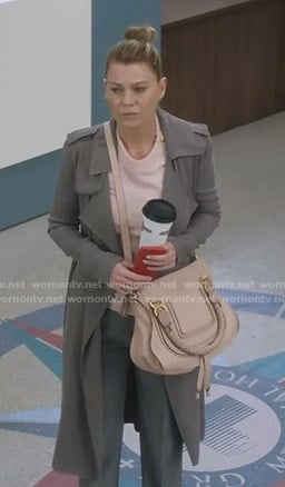 Meredith's pink sweater and grey trench coat on Grey's Anatomy