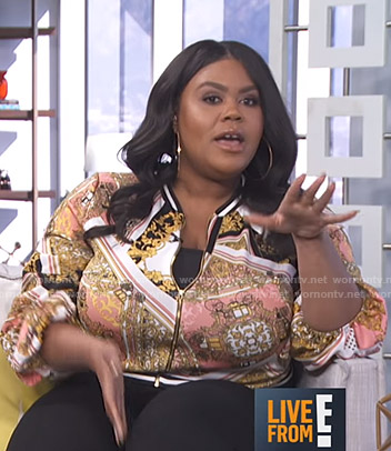 Nina's baroque print bomber jacket on Live from E!