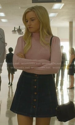 Terra's pink ruffle neck sweater and buttoned denim skirt on Dirty John