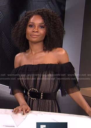 Zuri's black off-shoulder tulle dress on E! News