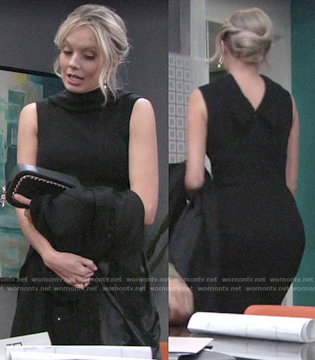 Abby's black folded neck dress and pearl earrings on The Young and the Restless