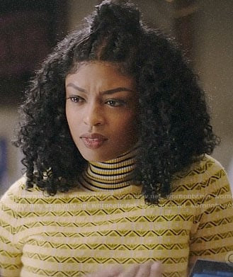 Ali's yellow geometric turtleneck sweater on God Friended Me