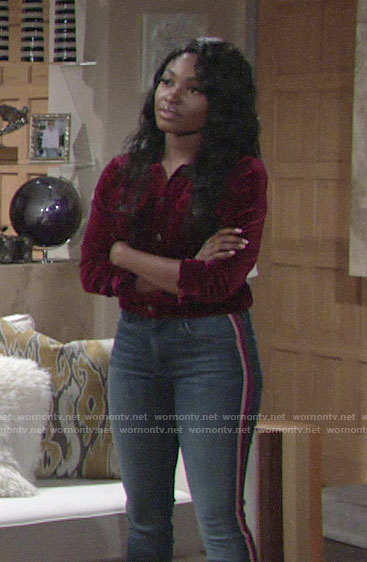 Ana's red velvet jacket and side striped jeans on The Young and the Restless