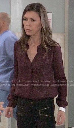 Anna's burgundy houndstooth print blouse on General Hospital