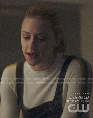 Betty's rainbow stripe sweater and denim overalls on Riverdale