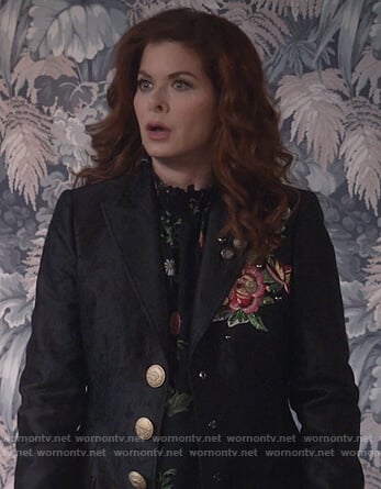 Grace's black floral embroidered coat on Will and Grace