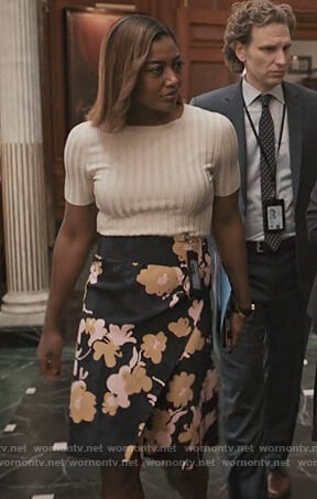Daisy's black floral wrap skirt on Madam Secretary