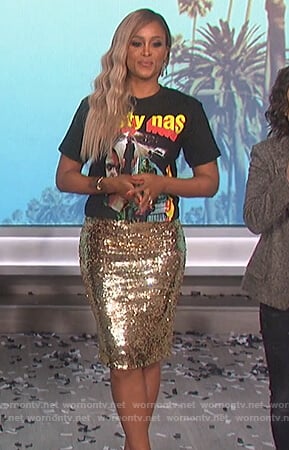 Eve's gold sequin skirt and Nasty Nas tee on The Talk