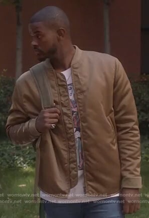 Aaron's brown bomber jacket on Grown-ish