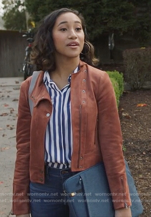 Caitlin's suede jacket and striped top on PLL The Perfectionists