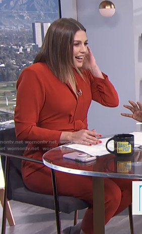 Carissa's orange belted jumpsuit on E! News Daily Pop