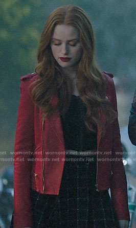Cheryl's red leather jacket and checked skirt on Riverdale