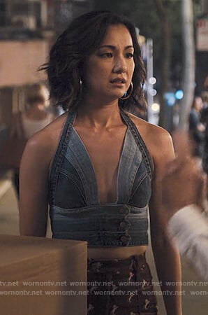 Marianne's denim cropped bikini top and embroidered pants on Friends from College