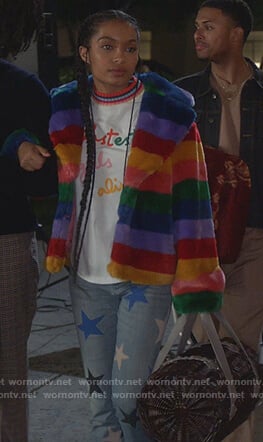Zoey's multi colored fur jacket and star print jeans on Grown-ish