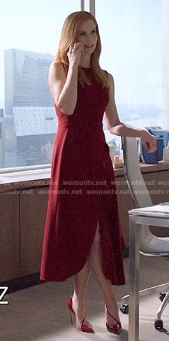 Donna's red asymmetric ruffle midi dress on Suits