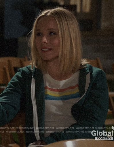 Eleanor's rainbow striped tee on The Good Place