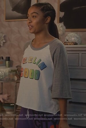 Zoey's Feelin Good baseball tee and sweatpants on Grown-ish