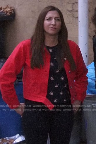 Gina's black bird print top and red denim jacket on Brooklyn Nine-Nine