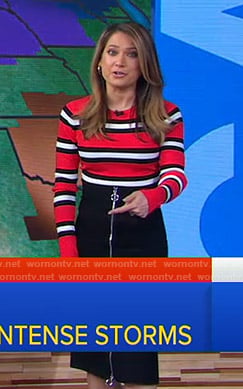 Ginger's red striped sweater and zip front skirt on Good Morning America