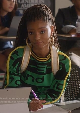 Skylar's green print cropped sweater on Grown-ish