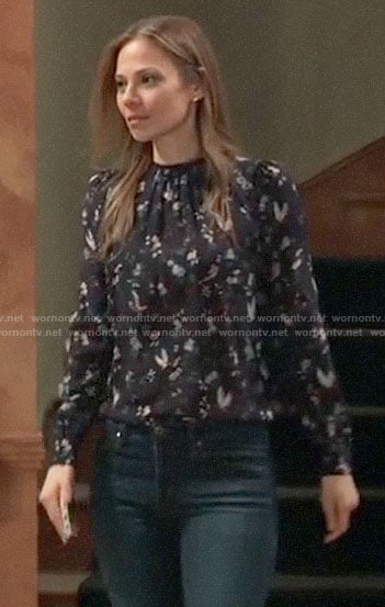 Kim' black floral and bird print blouse on General Hospital